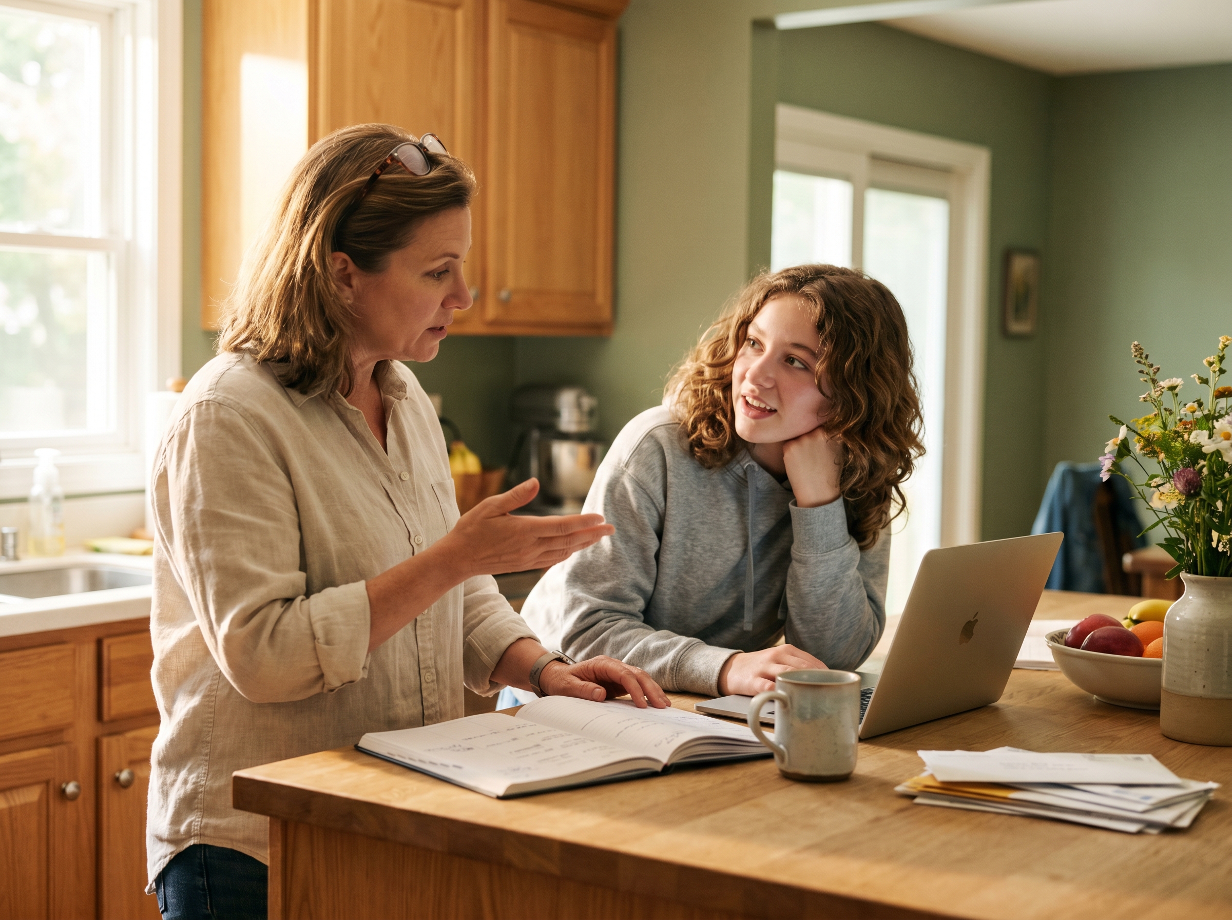 A mother and her teenage daughter mid-conversation at a sunlit kitchen island on a June morning, laptop open, calendar between them