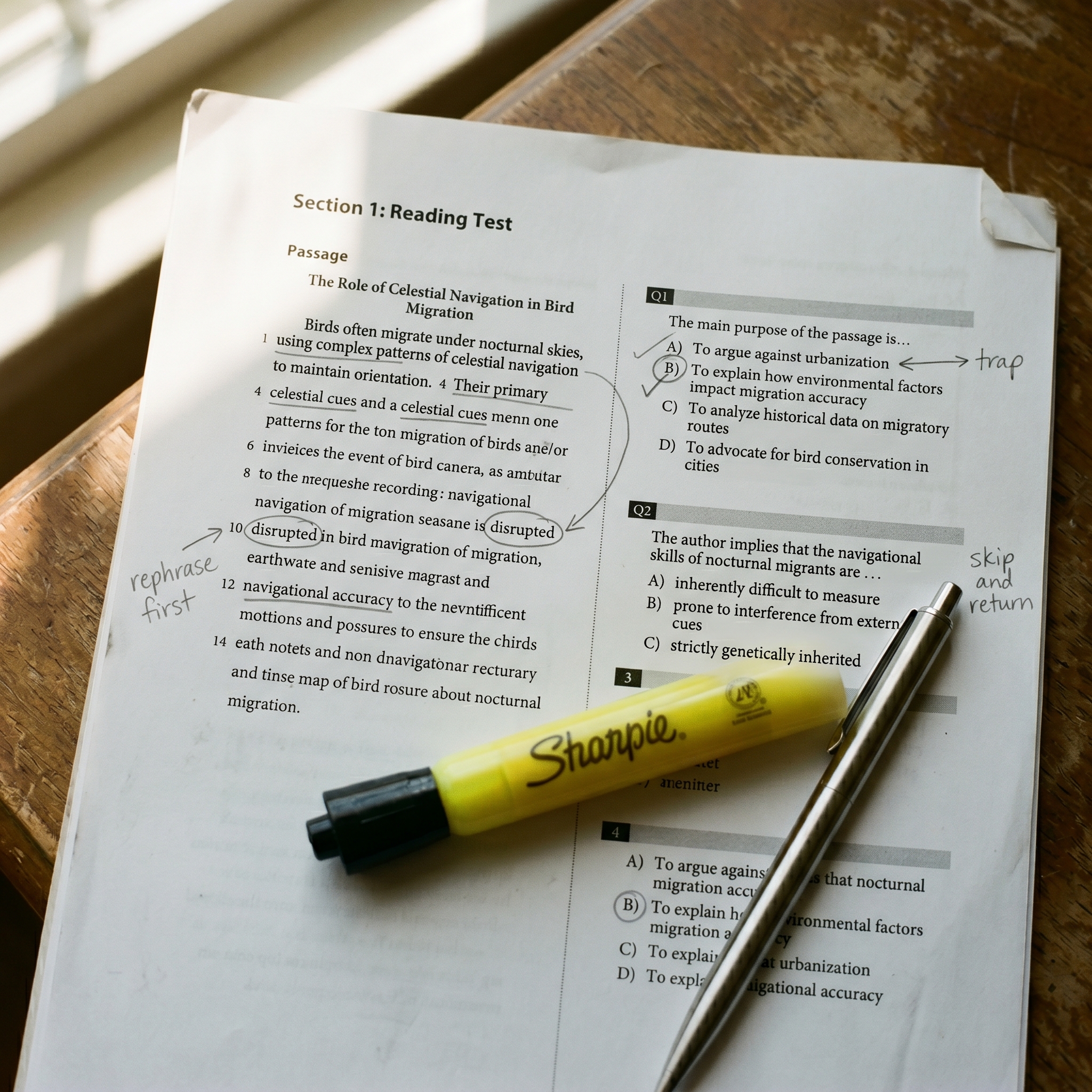 Macro detail of an SAT practice test page with handwritten tutor annotations in pencil — arrows, underlines, marginal notes — a yellow highlighter and silver pen resting on the page. Quiet evidence of real tutoring.