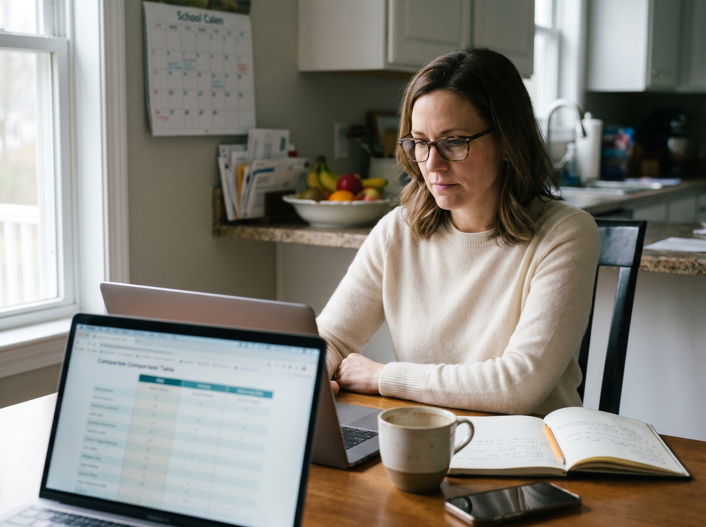 A mother at a kitchen table on an April afternoon, reading comparison results on a laptop — the decision-making hour after the March SAT score release
